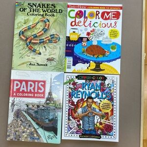 Set of 4 Adult Coloring Books Paris, Snakes, Food & Ryan Reynolds